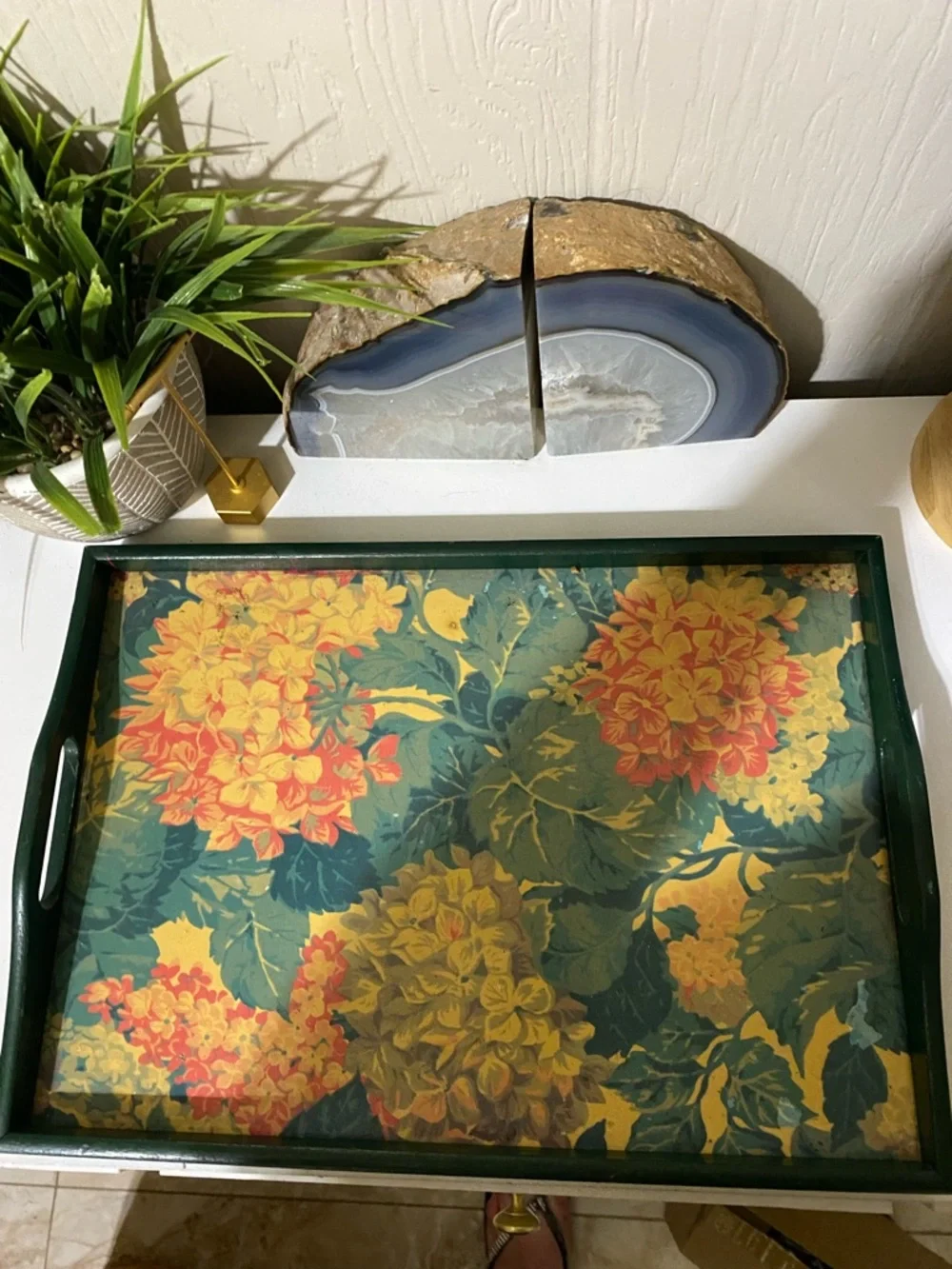 Vintage Green Floral Vanity Tray with Yellow & Orange Blooms